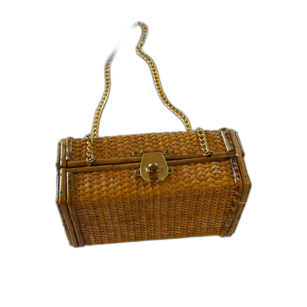 Vintage Wicker Straw Box Handbag made in hong kong Chain Strap Lined Gorgeous